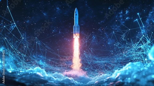 Futuristic Rocket Launch with Digital Network Connections