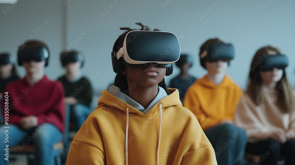 Teens of various backgrounds are engaged in an immersive virtual reality experience, wearing headsets while seated in a classroom environment focused on learning. Generative AI Teens of various backgrounds are engaged in an immersive virtual reality experience, wearing headsets while seated in a classroom environment focused on learning. Generative AI