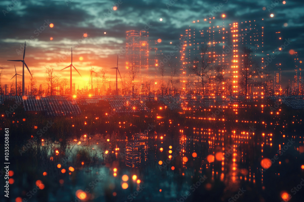 Fototapeta premium Sustainable Future Cityscape at Sunset