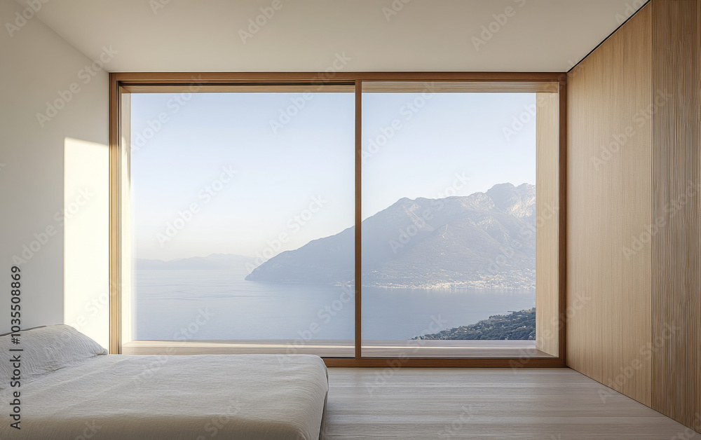 Fototapeta premium Modern bedroom with expansive windows offering stunning mountain and lake views at sunrise