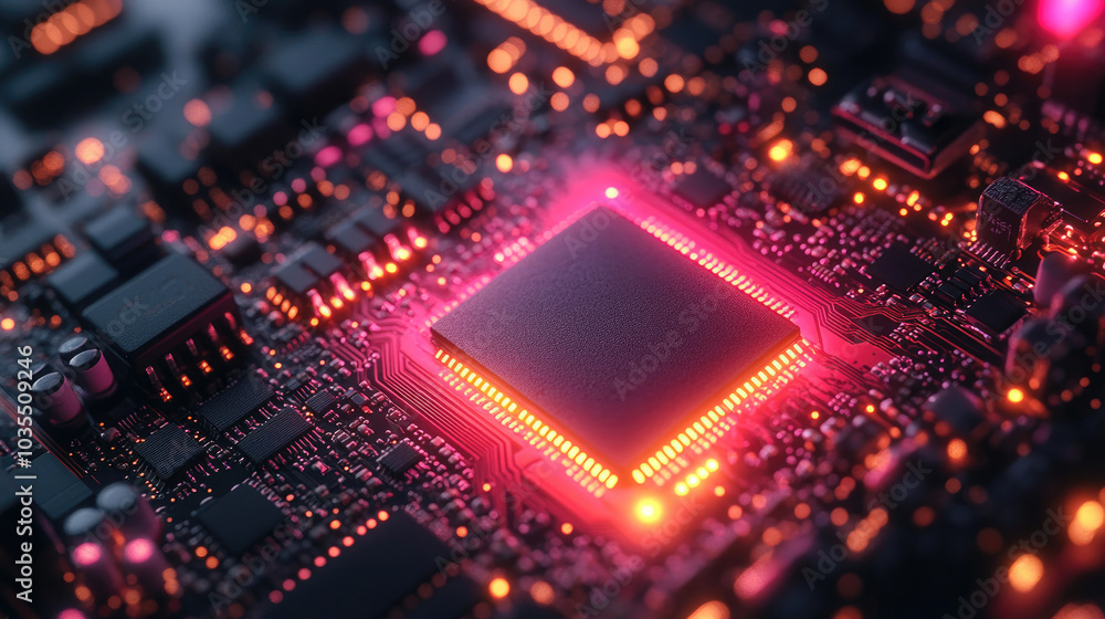 Intricate Circuit Board with Glowing Microchip Intricate Circuit Board with Glowing Microchip