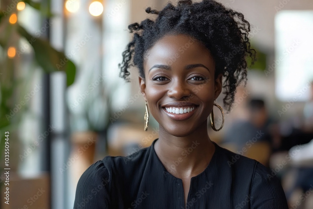 Smiling businesswoman attending an online meeting in a coworking office, Generative AI Smiling businesswoman attending an online meeting in a coworking office, Generative AI