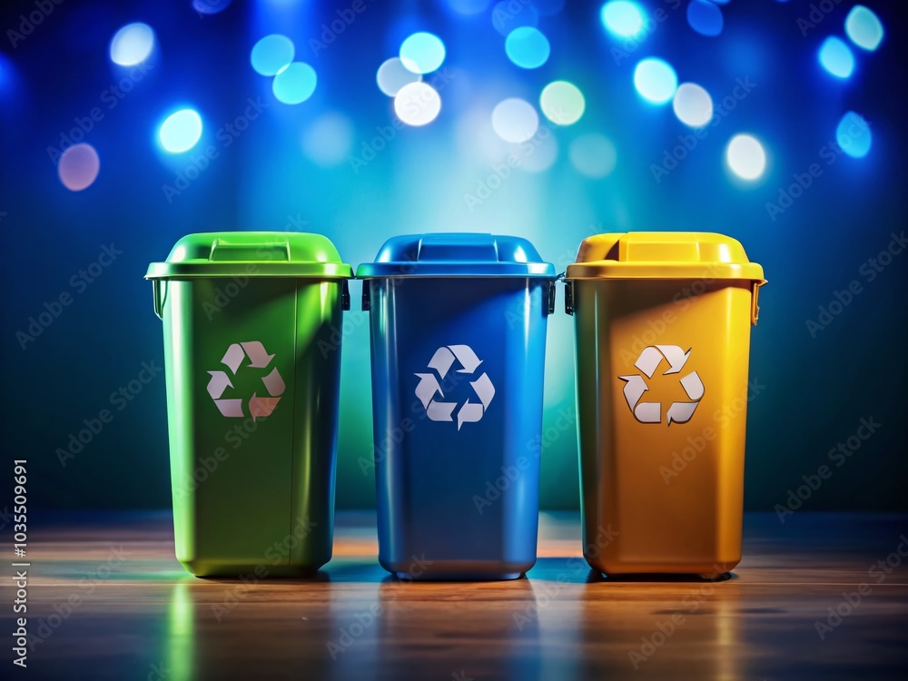 Recycling Bins for Effective Waste Sorting on a Blue Background - Eco-Friendly Concept Recycling Bins for Effective Waste Sorting on a Blue Background - Eco-Friendly Concept