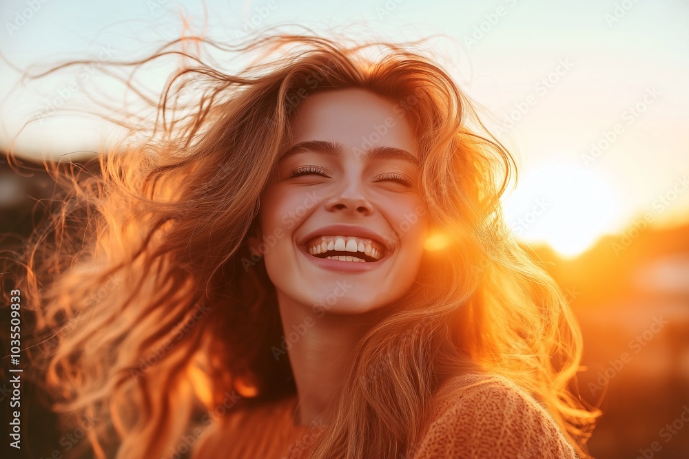 A young woman stands outdoors, laughing heartily as her hair dances in the wind, illuminated by the warm glow of the setting sun. Generative AI A young woman stands outdoors, laughing heartily as her hair dances in the wind, illuminated by the warm glow of the setting sun. Generative AI