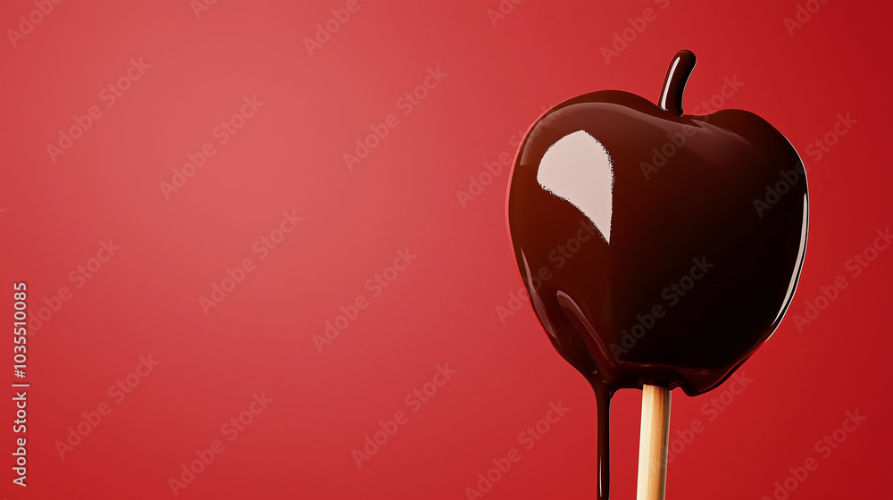 Obraz premium caramelized apple with chocolate glaze against red background. Halloween autumn banner with copy space