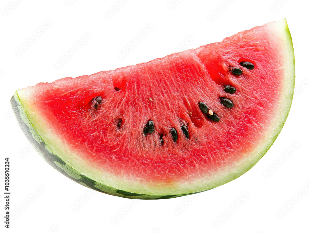 Fresh watermelon slice with juicy red flesh and black seeds, white isolated background. Fresh watermelon slice with juicy red flesh and black seeds, white isolated background.
