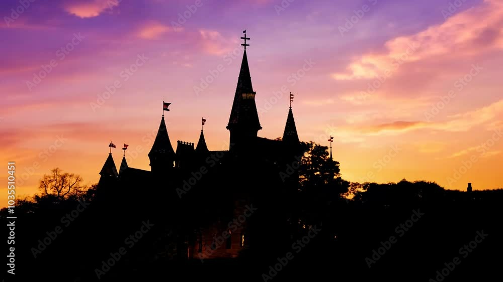 Castle at sunset, Castle silhouette, Medieval architecture Castle at sunset, Castle silhouette, Medieval architecture