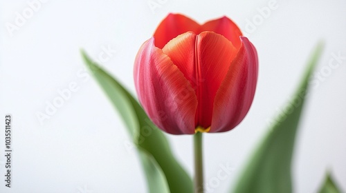 Beautiful Red Tulip in Bloom on White Background