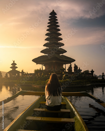 View of Ulun Danu Beratan Temple at sunset with tranquil reflection on the lake, Bali, Indonesia. photo