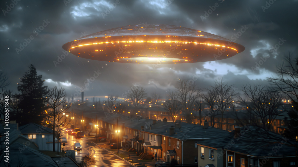 UFO sighting over a suburban neighborhood, with astonished residents gazing up at the mysterious craft. UFO sighting over a suburban neighborhood, with astonished residents gazing up at the mysterious craft.