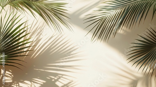 Soft Shadows of Palm Fronds on Beige Background in Tropical Sunlight