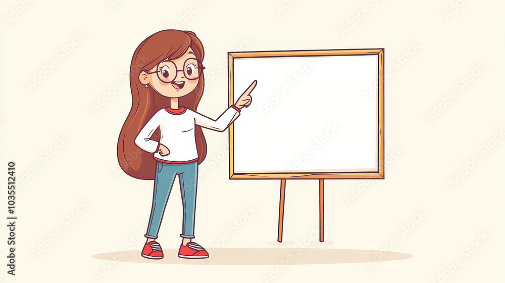 cartoon teacher is standing in front of blank whiteboard, pointing with smile. She has long brown hair and wears glasses, creating friendly and engaging atmosphere for learning cartoon teacher is standing in front of blank whiteboard, pointing with smile. She has long brown hair and wears glasses, creating friendly and engaging atmosphere for learning