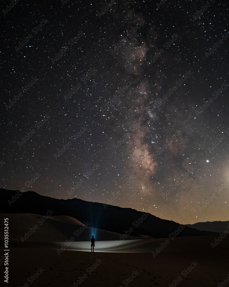 View of the night sky filled with stars and the milky way over serene sand dunes, Death Valley National Park, California, United States. View of the night sky filled with stars and the milky way over serene sand dunes, Death Valley National Park, California, United States.