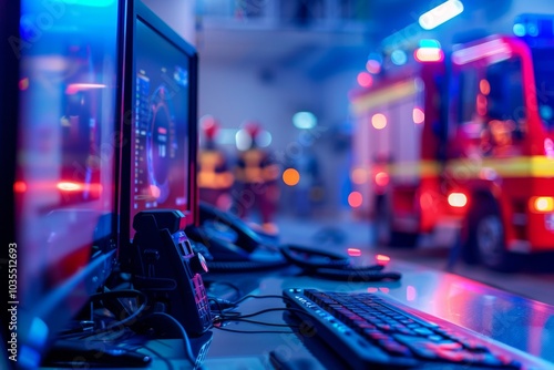 Fire station's control room with computer monitors and communication devices photo