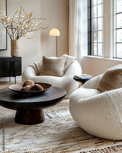 Minimalist, scandinavian interior design of modern living room. Two boucle armchairs near round black coffee table. photo