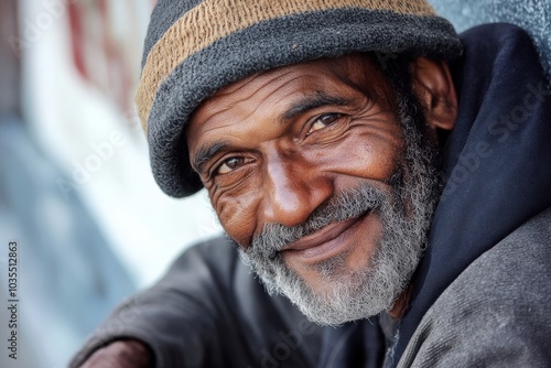 African American Homeless Man Smiling Happily in Unfortunate Situation photo