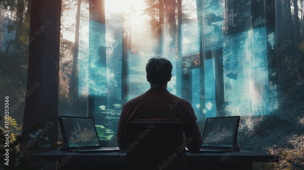 A remote worker engages with holographic displays, surrounded by towering trees and dappled sunlight. The technology blends seamlessly with the peaceful forest atmosphere. Generative AI A remote worker engages with holographic displays, surrounded by towering trees and dappled sunlight. The technology blends seamlessly with the peaceful forest atmosphere. Generative AI