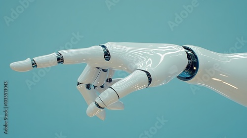 Futuristic white robotic hand pointing with articulated fingers, sleek design on a technological blue background, ultra-high detail 3D rendering, sci-fi aesthetic. photo