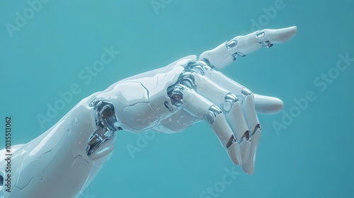 Futuristic white robotic hand pointing with articulated fingers, sleek design on a technological blue background, ultra-high detail 3D rendering, sci-fi aesthetic. photo