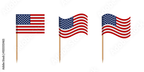 American flags on toothpicks. Paper mini flags of United States of America on wooden sticks. Isolated flagpoles on wood vertical stands. 3D realistic vector illustration set for food decoration.
