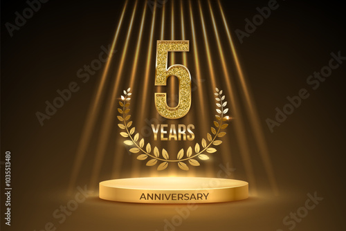 Anniversary gold award podium with glittering number 5. Five years celebration birthday or jubilee golden vector background. Luxury stage with laurel wreath and glowing rays on black.