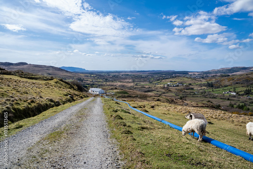 The blue water supply pipe coming from of Lough Anna, the drinking water supply for Glenties and Ardara - County Donegal, Ireland photo