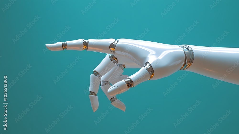 Futuristic white robotic hand pointing with articulated fingers, sleek design on a technological blue background, ultra-high detail 3D rendering, sci-fi aesthetic. Futuristic white robotic hand pointing with articulated fingers, sleek design on a technological blue background, ultra-high detail 3D rendering, sci-fi aesthetic.