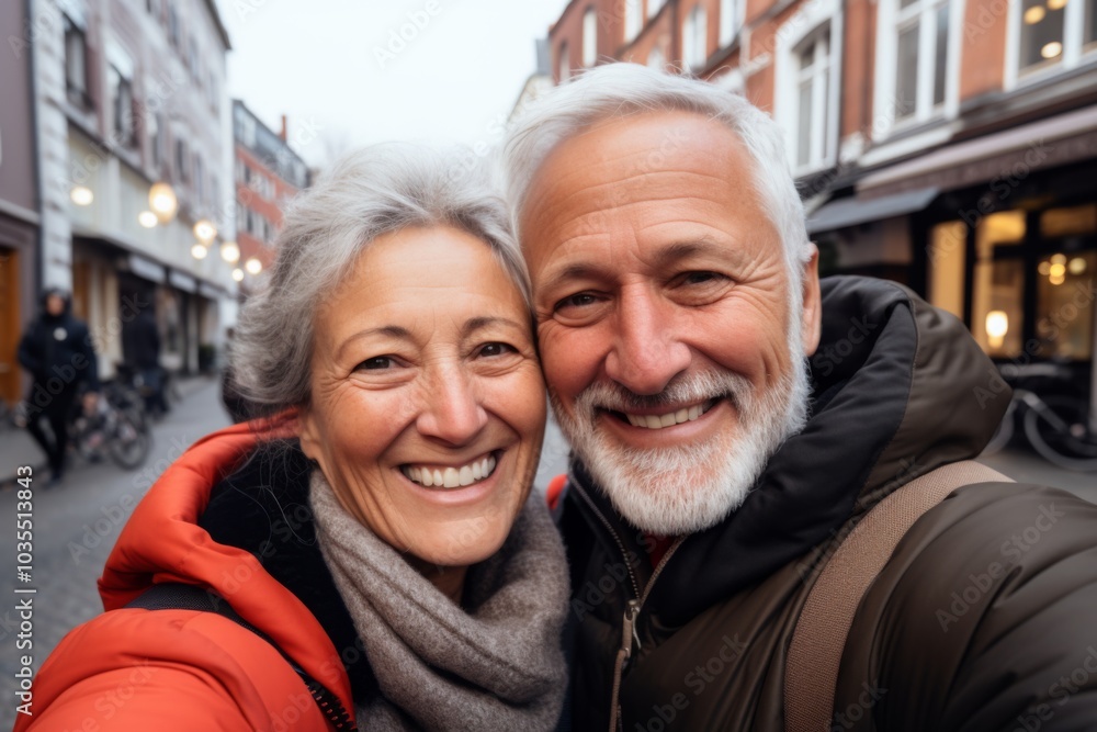 Close up of senior couple taking selfie in city Close up of senior couple taking selfie in city