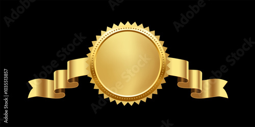 Gold medal with horizontal ribbon vector illustration. 3d realistic golden award isolated on black background. Design element for labels, certificates, badges, winners, sales, discounts, diplomas.