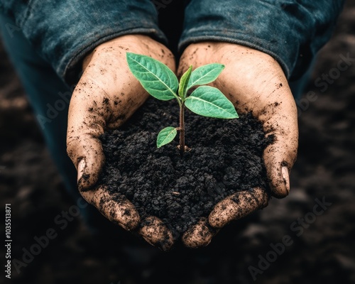 Close up of a person ' s hands holding a small plant - Nature photo