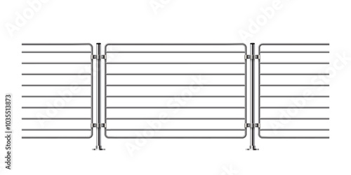 Metal fence with rails isolated on transparent background. Steel balcony with balustrades. Vector realistic 3D illustration of iron barrier, stairs balustrade for interior design.