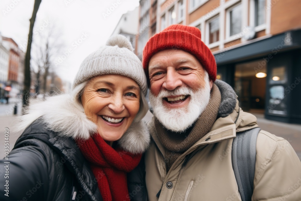 Close up of senior couple taking selfie in city Close up of senior couple taking selfie in city