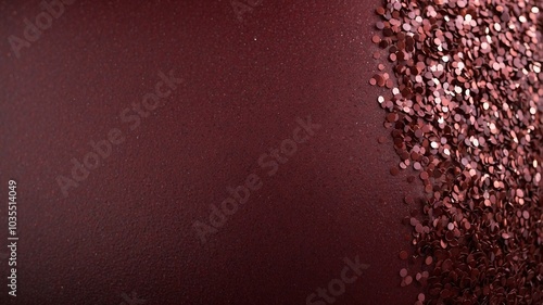 A significant pile of rose gold glitter resting on the right side of a dark maroon textured background, full of shimmer.
