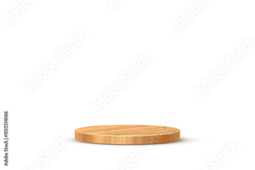Wooden 3d podium on white background. Round stage display product. Empty circle stand pedestal of natural wood for luxury product presentation. Realistic modern vector illustration.