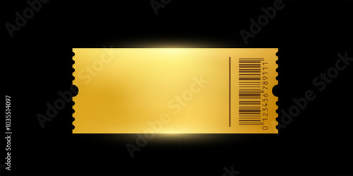 Golden ticket. Gold vector coupon, sticker or discount tag mockup isolated on black background. Cinema, theater, concert, party, event, festival invitation entrance.