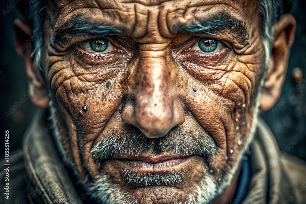 Resilient Spirit: A Close-Up Aerial Portrait of a Weathered Face Full of Strength and Hope Resilient Spirit: A Close-Up Aerial Portrait of a Weathered Face Full of Strength and Hope