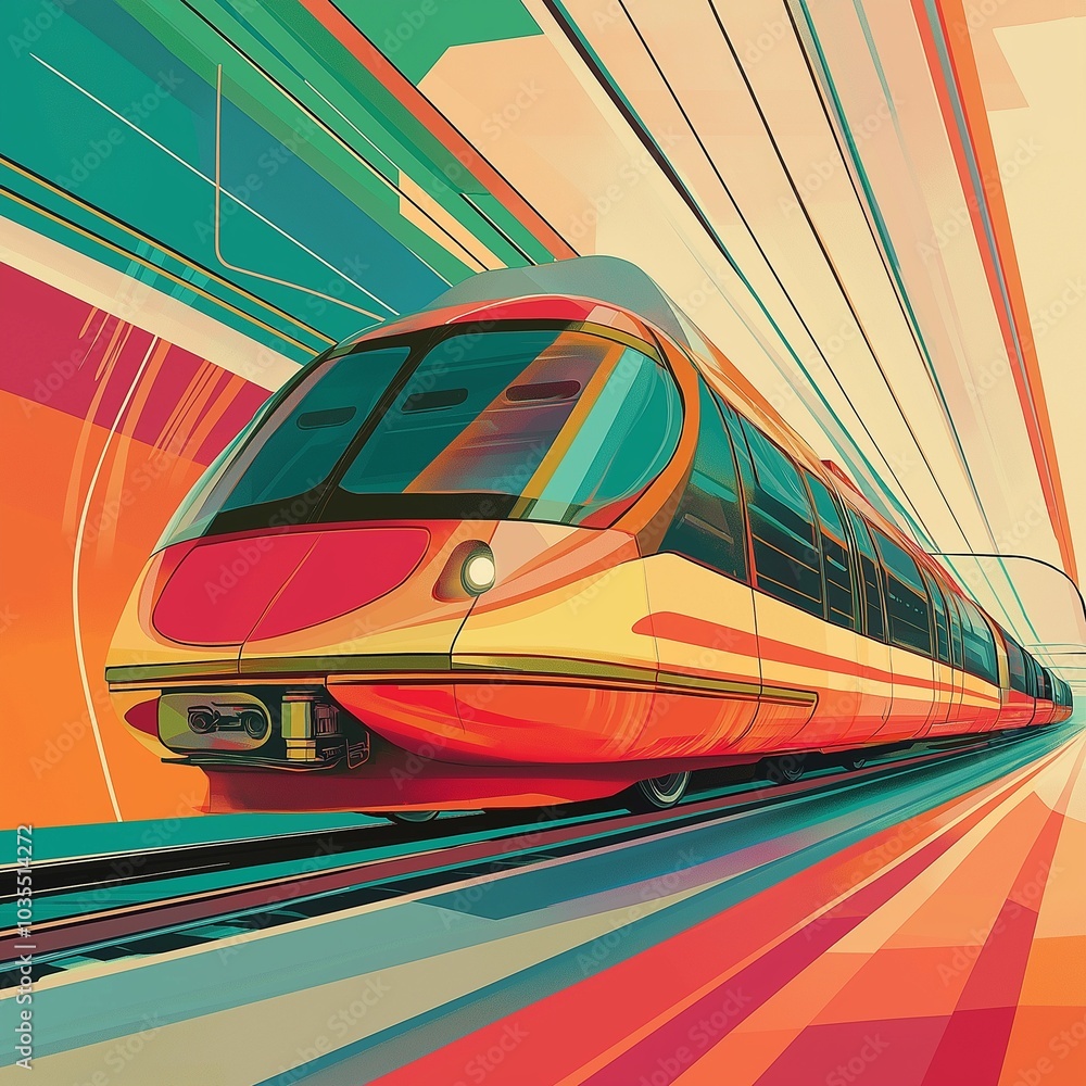 Fototapeta premium A stylish retro-style poster showcases a futuristic train zooming through colorful, abstract landscapes, embodying imaginative public transport visions. Generative AI