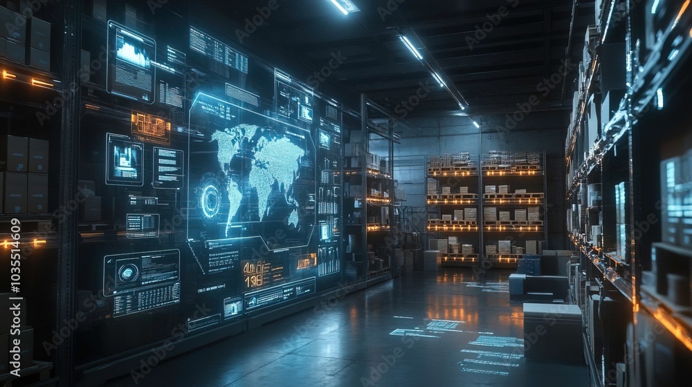 hightech warehouse holographic inventory data displays hightech warehouse holographic inventory data displays