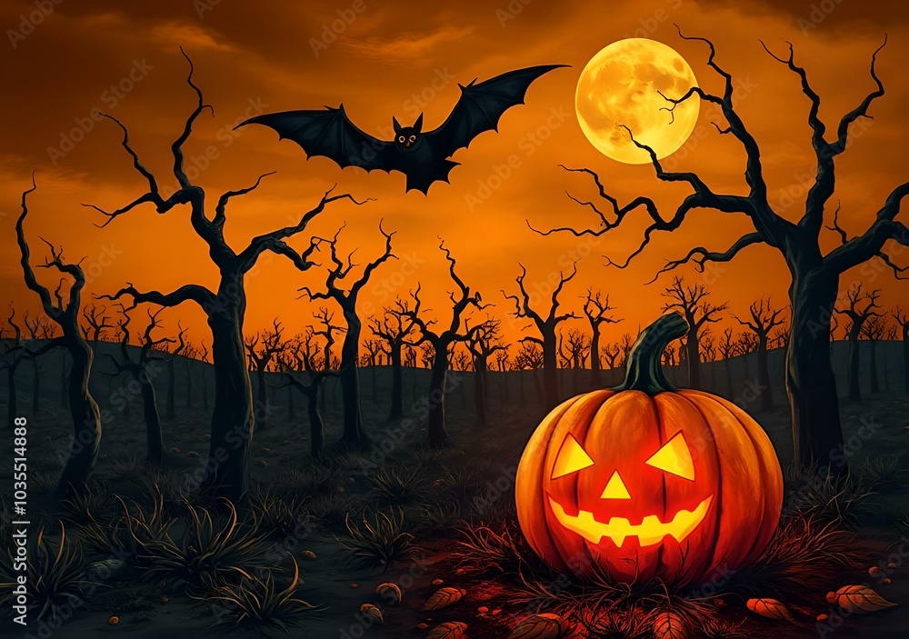 Halloween' Day with orange pumpkin, black bat, dead tree and big orange moon. Halloween' Day with orange pumpkin, black bat, dead tree and big orange moon.
