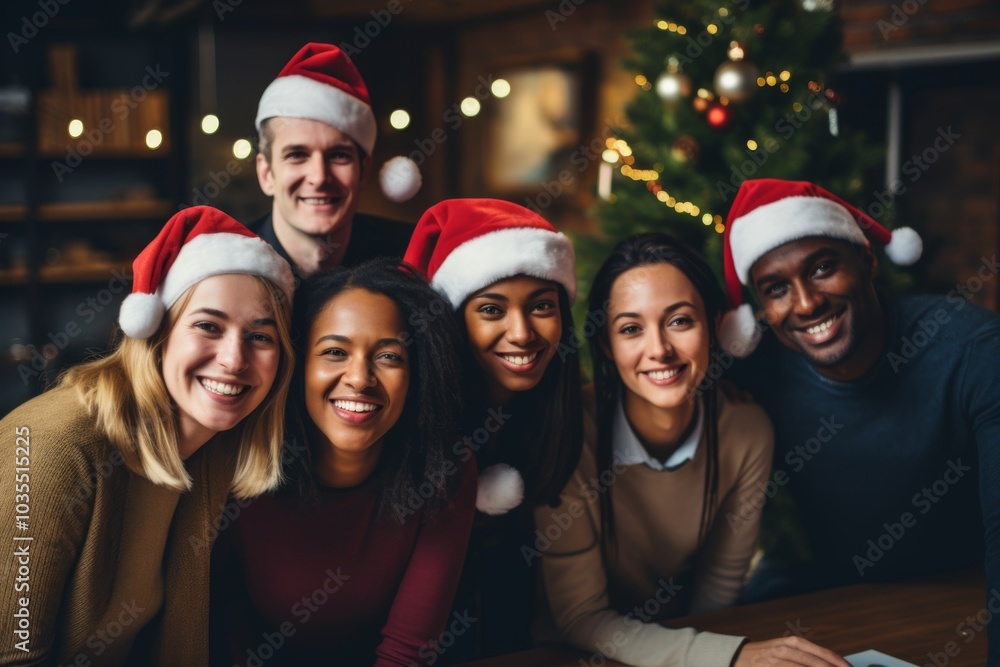 Group portrait of diverse group of coworkers with Santa hats in office Group portrait of diverse group of coworkers with Santa hats in office