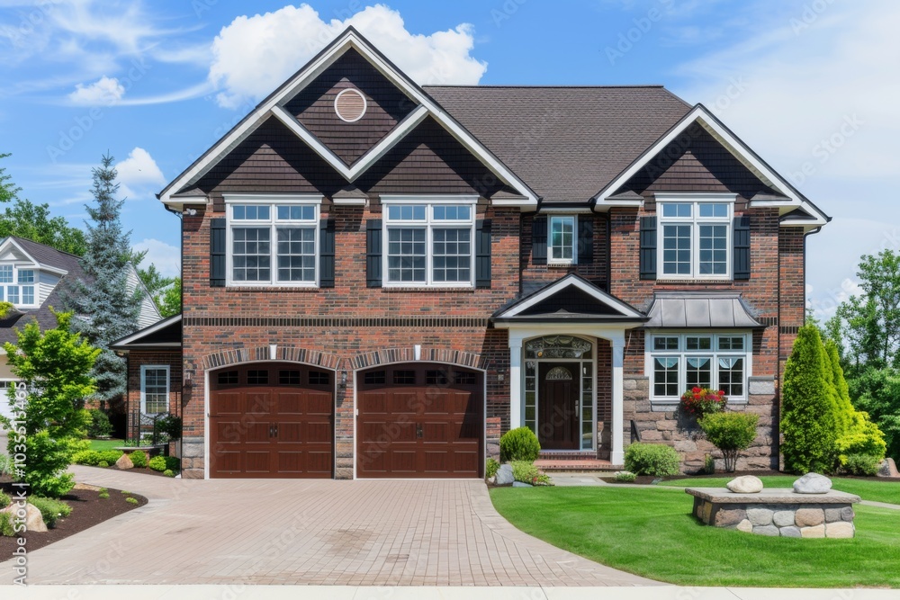 Luxury house exterior with brick and siding trim Luxury house exterior with brick and siding trim