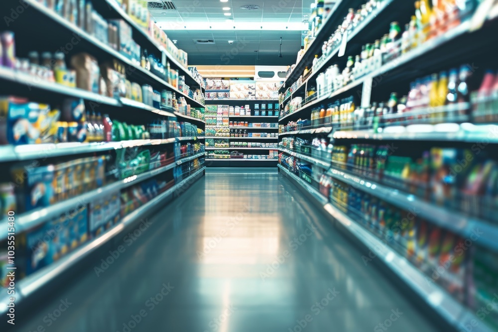 Long and bring supermarket aisle showcasing a wide selection of groceries Long and bring supermarket aisle showcasing a wide selection of groceries