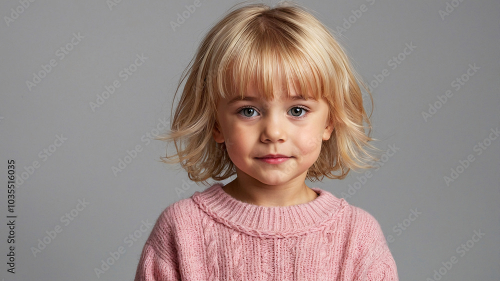A child with a blond bob haircut, wearing a soft pink sweater, exudes warmth and adorable youthfulness. A child with a blond bob haircut, wearing a soft pink sweater, exudes warmth and adorable youthfulness.