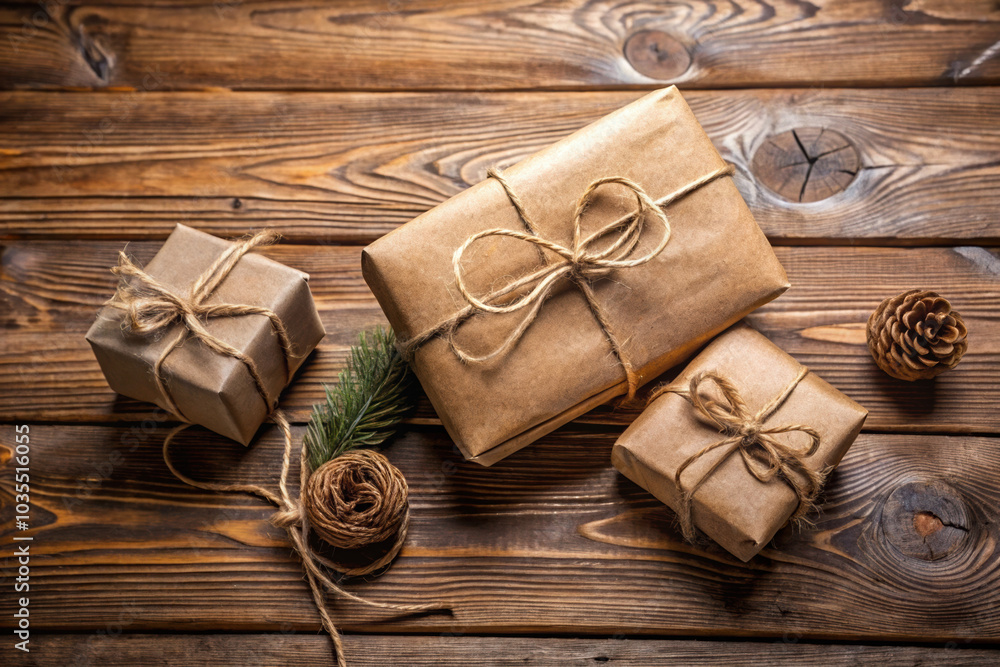 Fototapeta premium Rustic brown paper gifts tied with twine on wooden background with natural elements