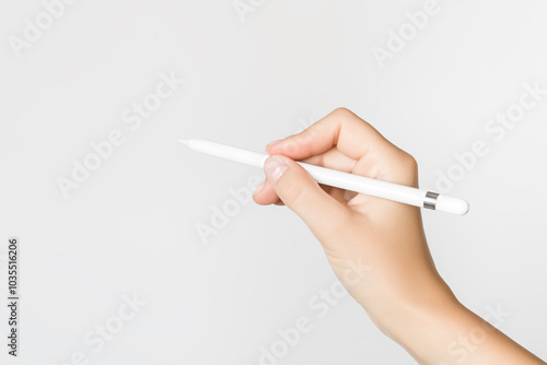 Bilde på lerret hand writes with pad stylus on grey background