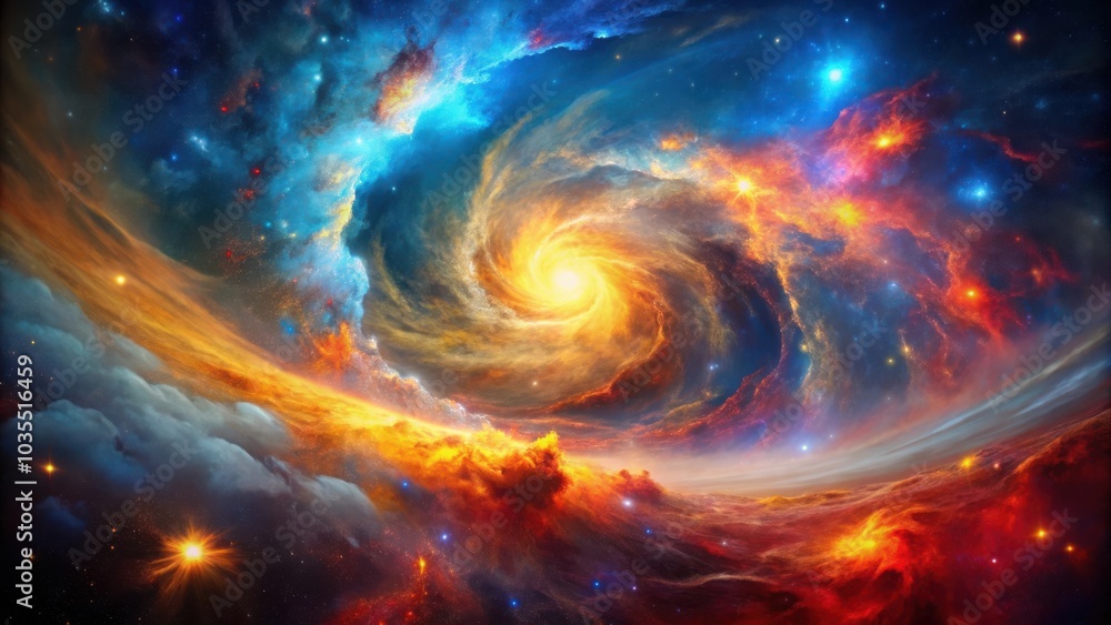 Obraz premium A swirling nebula of cosmic colors, with celestial clouds and a distant star shining brightly.