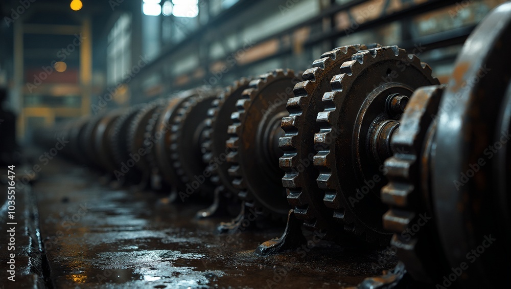 Industrial metal gears turning in dimly lit factory with oil and grease Industrial metal gears turning in dimly lit factory with oil and grease