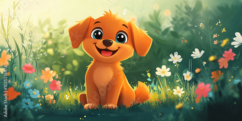 A cute cartoon puppy sits in a field of colorful flowers.
