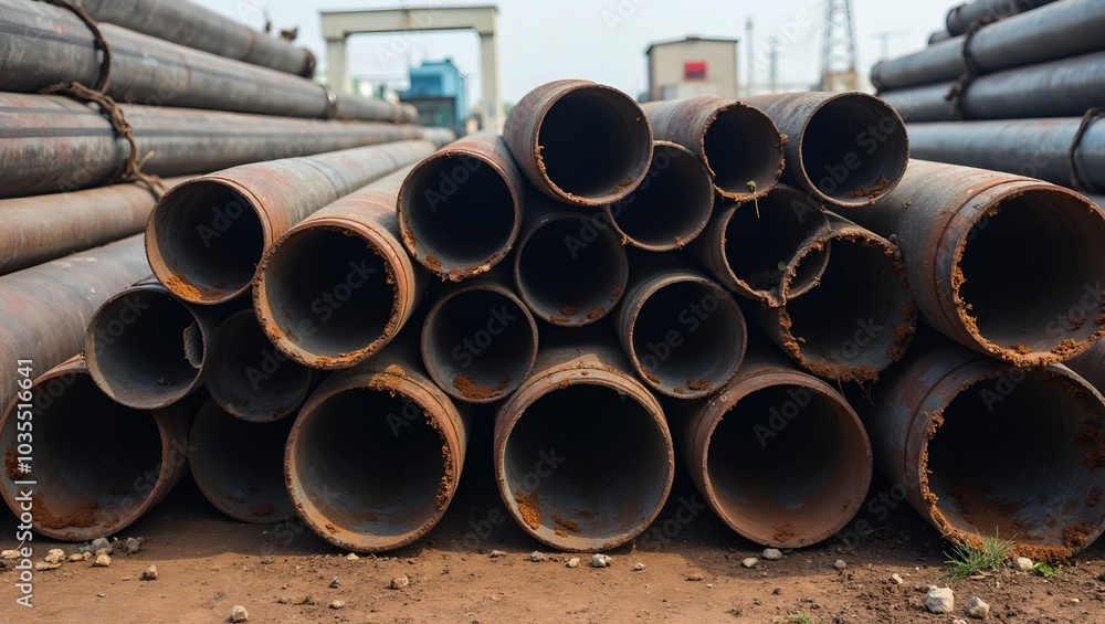 Rusty steel pipes in industrial storage yard Rusty steel pipes in industrial storage yard