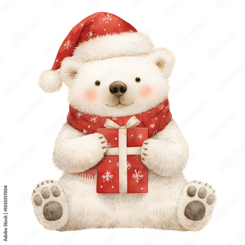 Cute bear with red gift boxes isolated on white background. Merry Christmas and Happy New Year. Decor element for design of postcard, banner, poster, flyer Cute bear with red gift boxes isolated on white background. Merry Christmas and Happy New Year. Decor element for design of postcard, banner, poster, flyer
